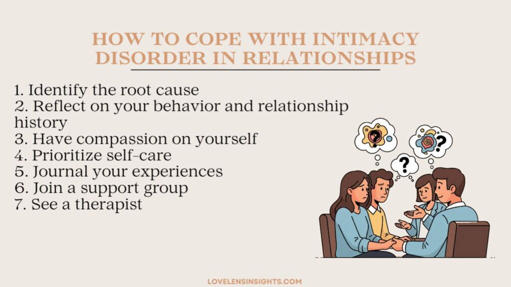 You can cope with intimacy disorder by identifying the root cause, reflecting on your behavior, having compassion on yourself, and more