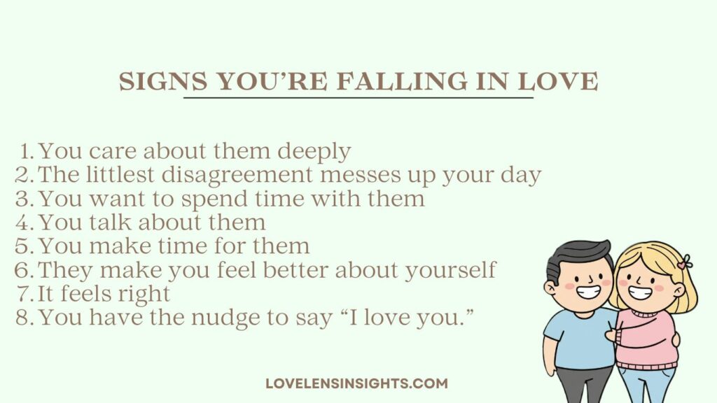 The signs you're falling in love e.g. You care about them deeply or talk about them