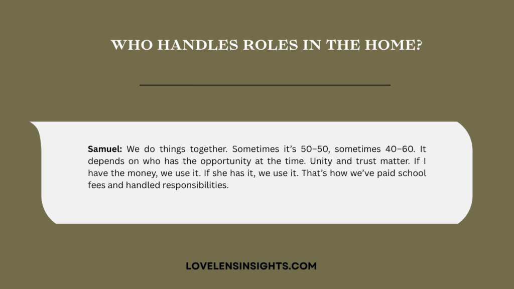 This couple discuss who handle which role in the family